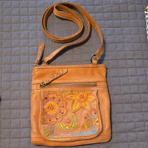 Fossil Tan Leather Crossbody with Floral Embroidery